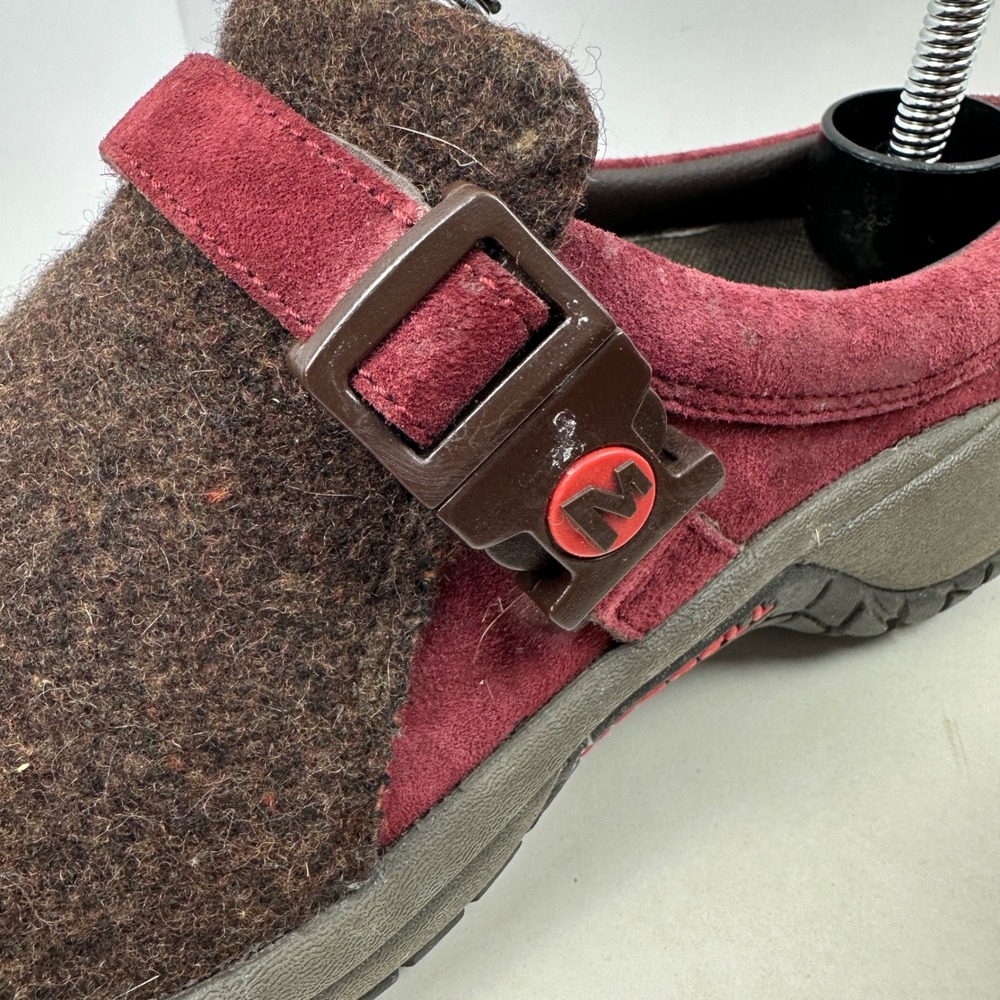 Merrell Encore Groove Wool Suede Clogs Brown Burgundy Buckle Slip On Mules Sz 7 - Picture 6 of 10